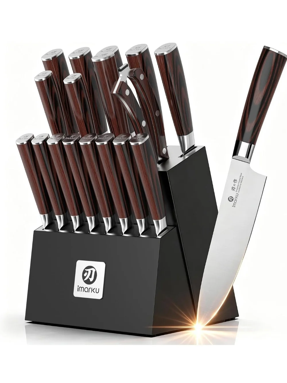 Knife Set, 18-Piece Japanese Santoku Stainless Steel Knife Set with Block, New